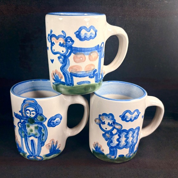 M. A. Hadley Pottery Stoneware Coffee Mug Set of 3 with Farmer Cow Lamb 4
